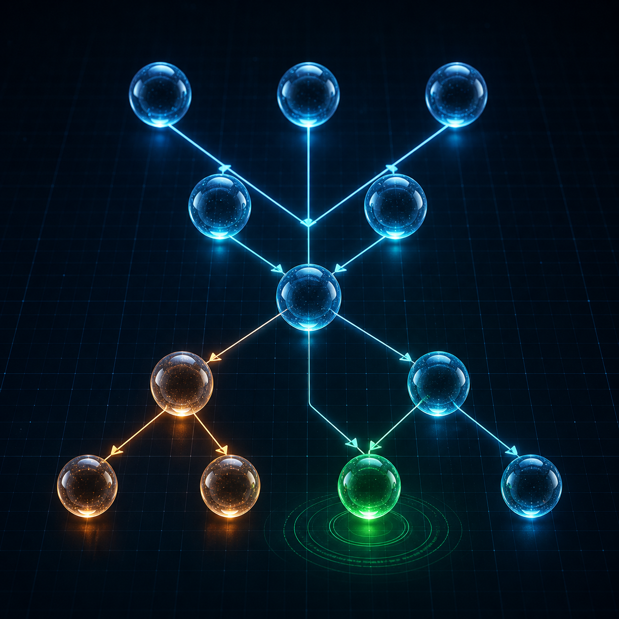 A dependency graph made of glowing glass beads, with a green ready task and an amber blocked branch