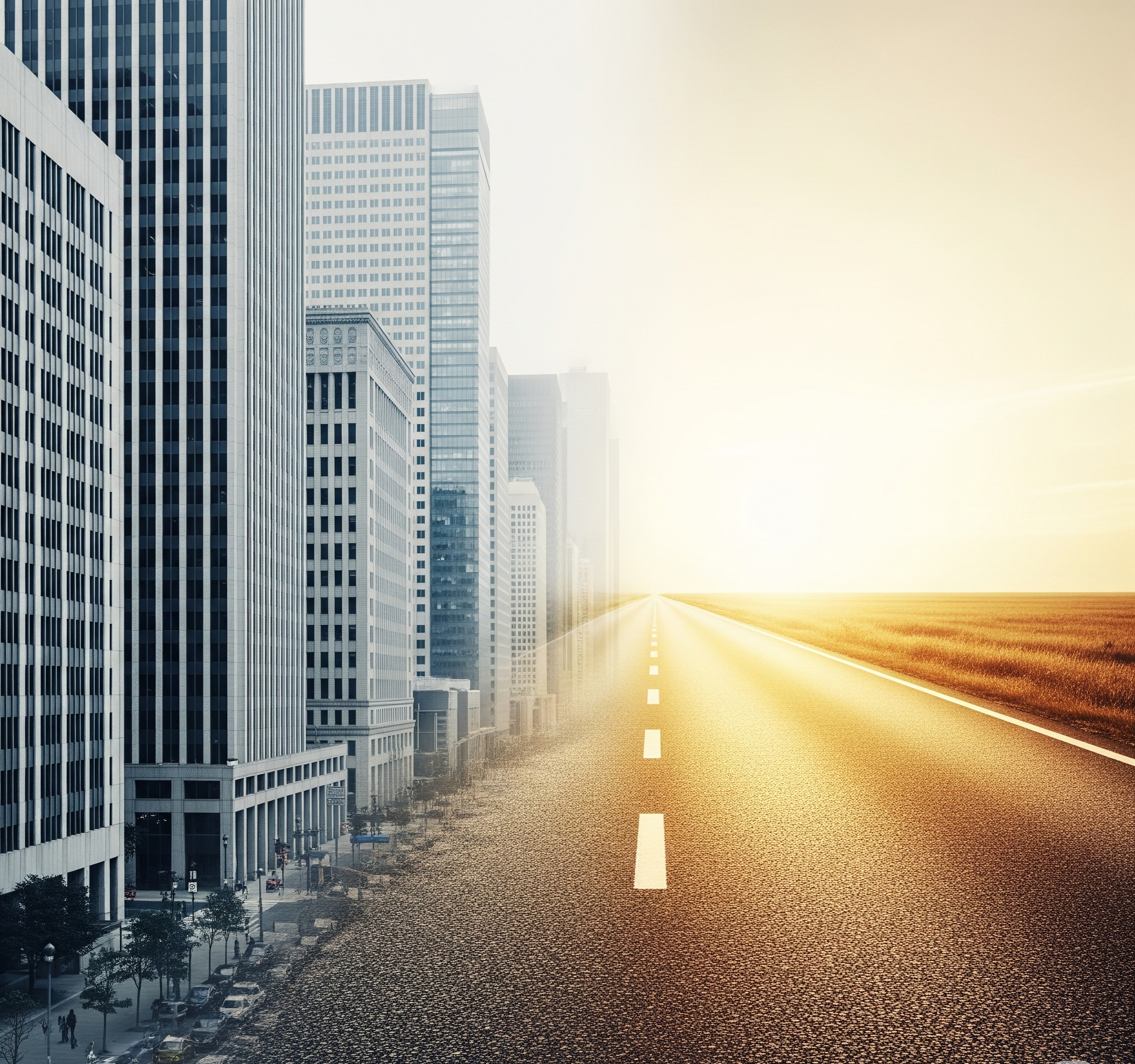 Split image showing corporate office buildings fading into an open road representing the journey from corporate life to entrepreneurial freedom