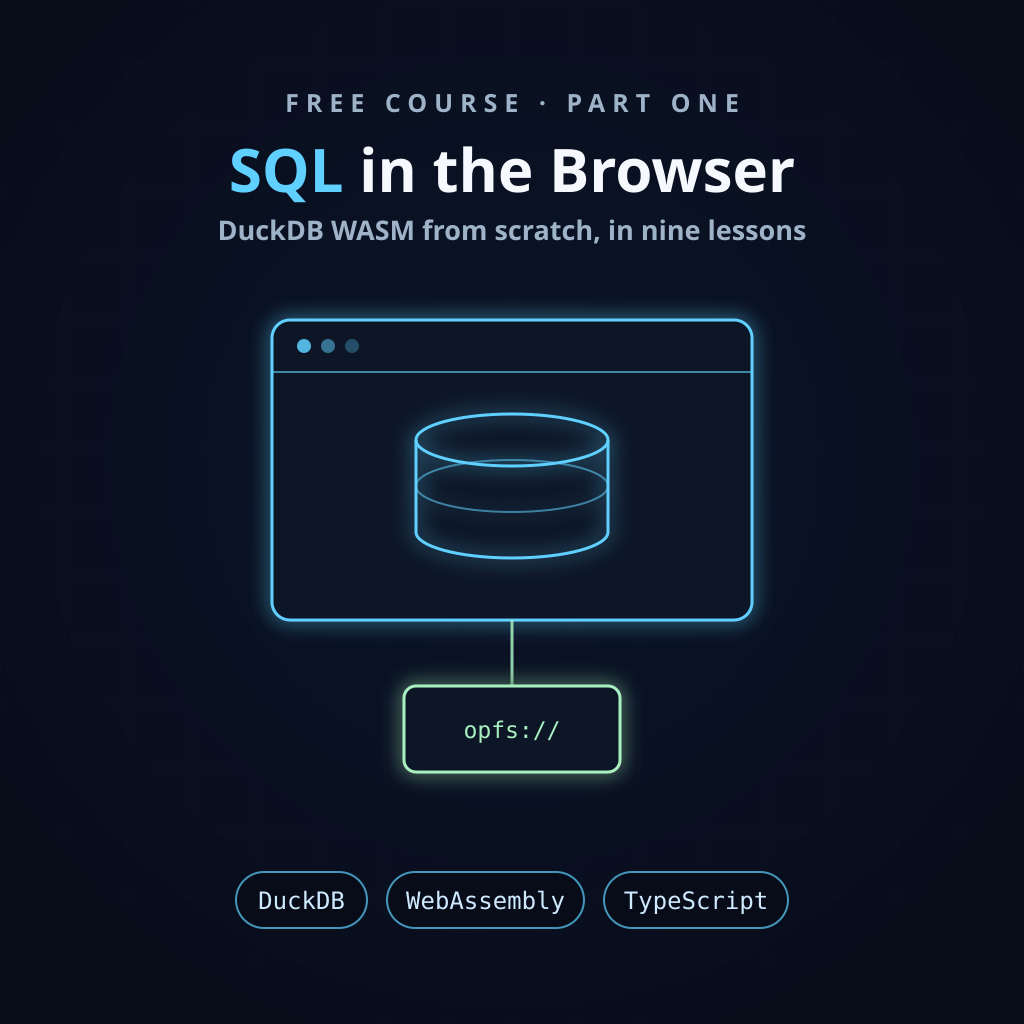 Diagram of a browser window containing a database engine, with a wasm block feeding a worker thread and an OPFS file beneath it