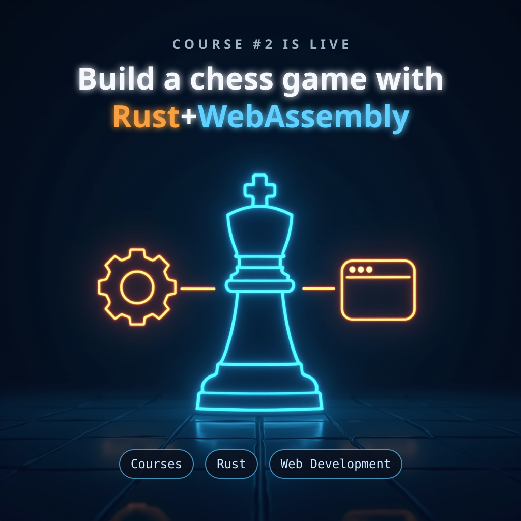 Neon diagram of a glowing chess king flanked by a Rust gear and a browser window, connected by thin neon lines