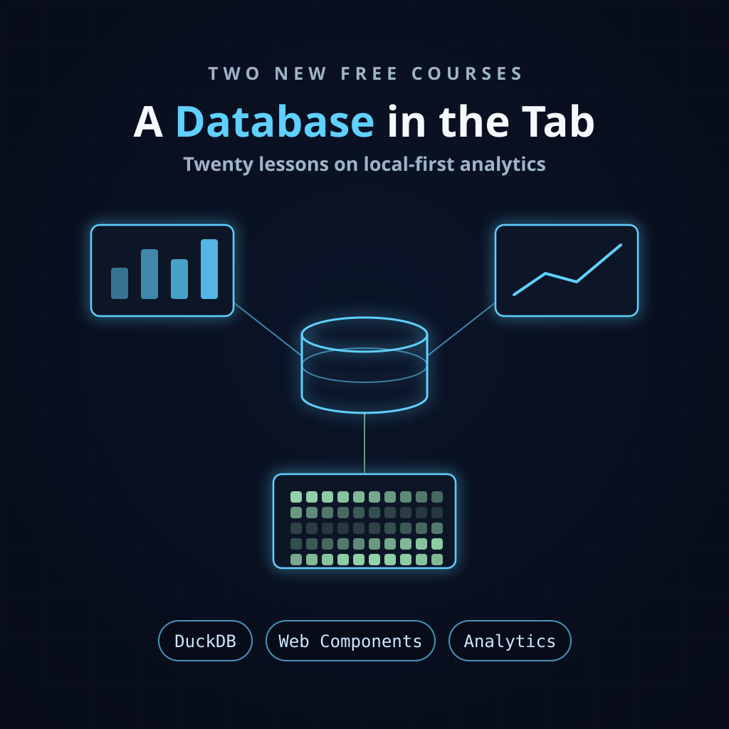 Neon diagram of a glowing database cylinder linked to three panels — a bar chart, a line chart, and a grid of small squares