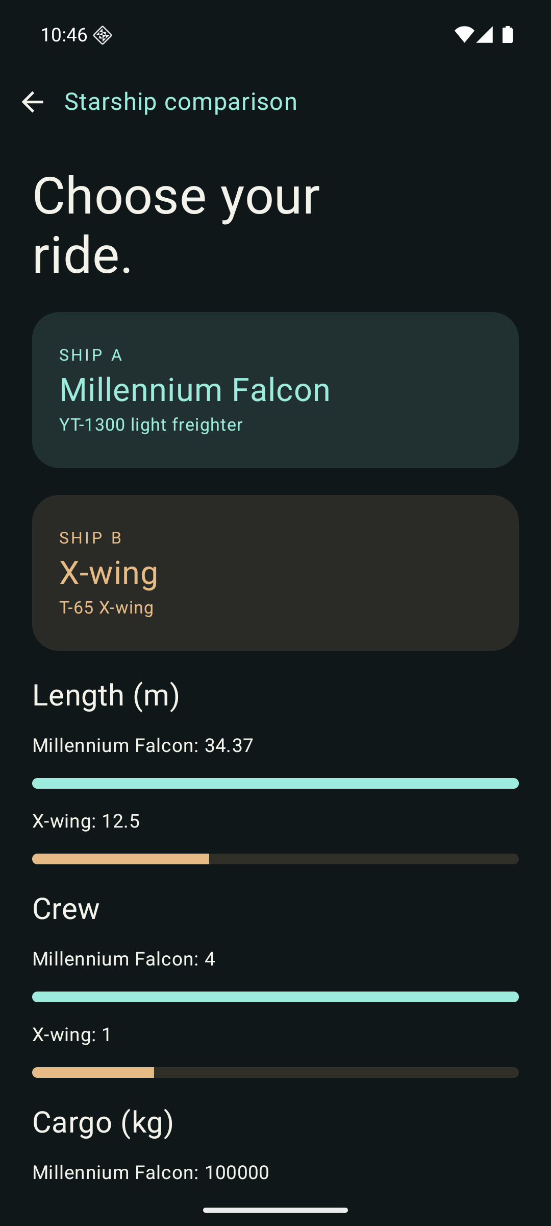 Holocron's Android comparison screen showing the Millennium Falcon and X-wing with length and crew bars