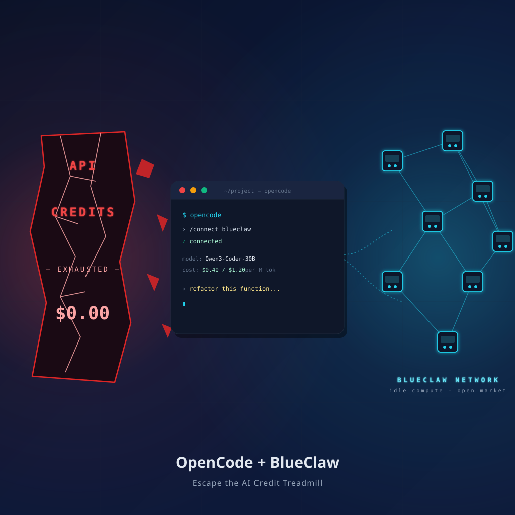 Developer terminal running OpenCode connected to the BlueClaw decentralized GPU network