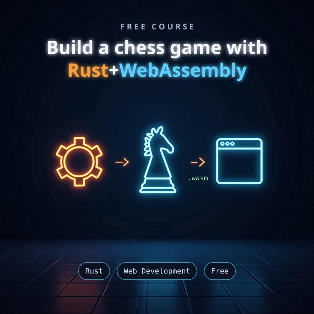 Diagram of a chess knight between a Rust gear and a browser window, joined by a wasm arrow