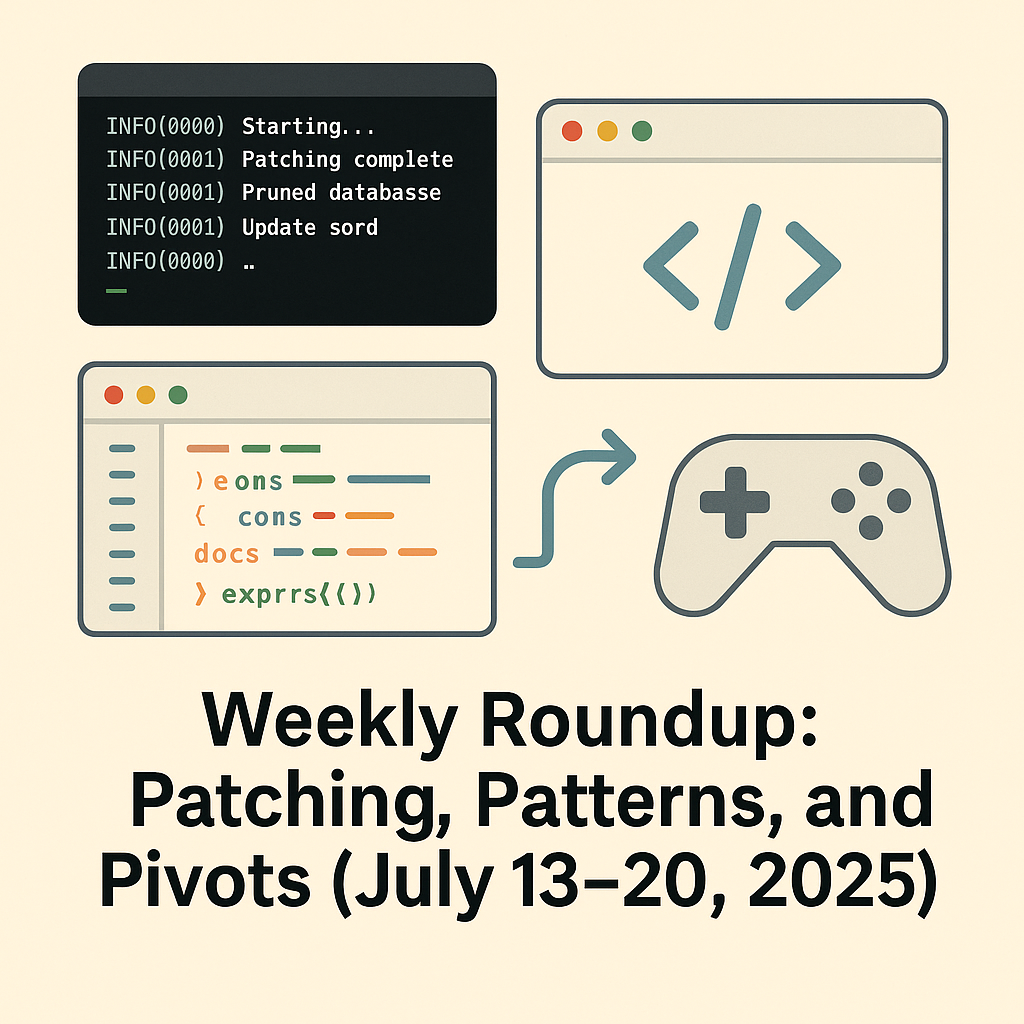 A terminal console, code snippets, and browser UI elements symbolizing a week of dev work